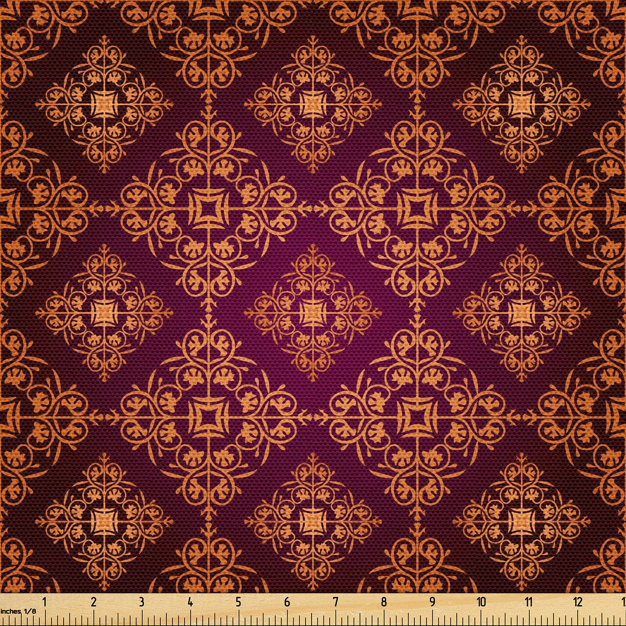 Ambesonne Damask Fabric by The Yard, Abstract Floral Pattern with Medieval Design Ornamental Victorian Image, Decorative Fabric for Upholstery and Home Accents, 3 Yards, Magenta Orange